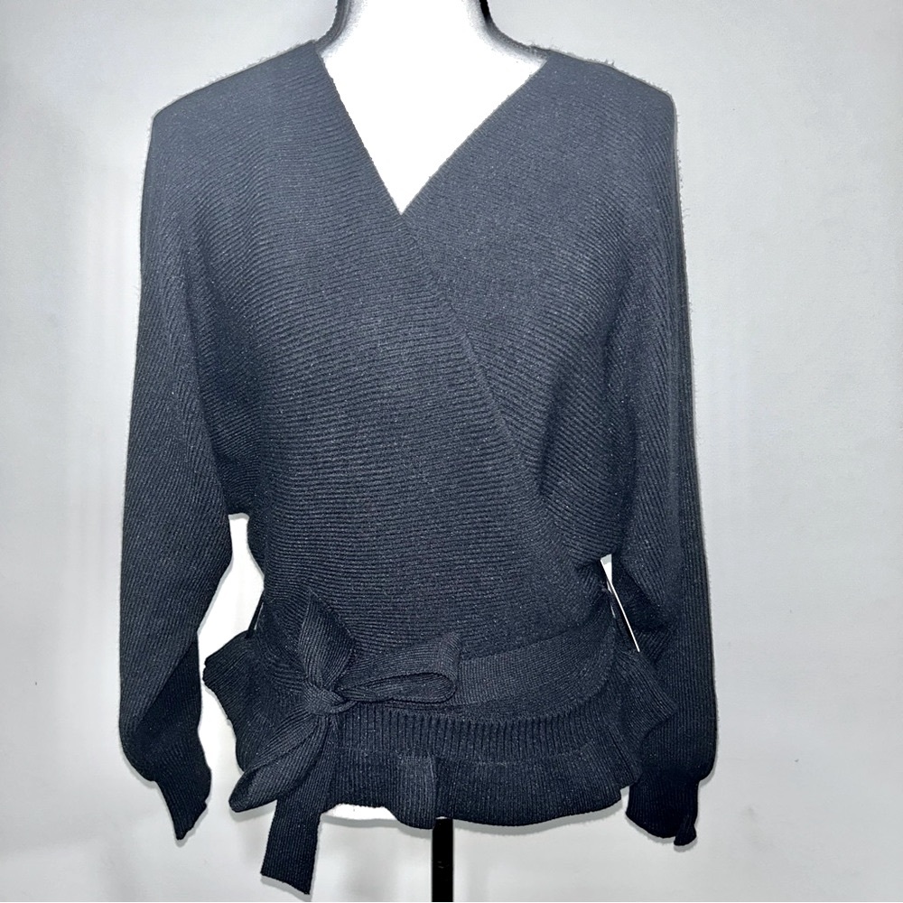 Sweet and Sophisticated Black Knit Faux-Wrap Sweater Lulus